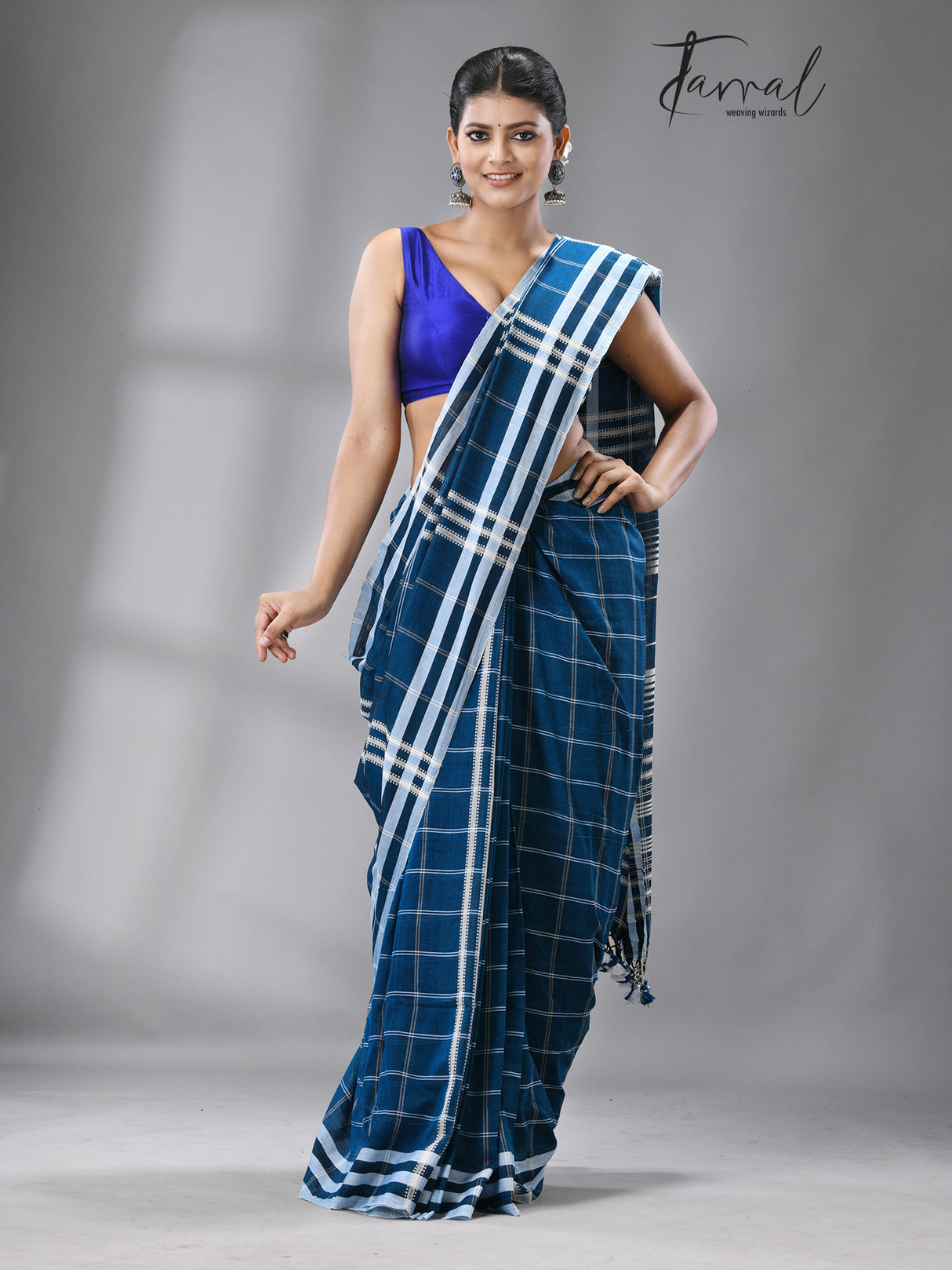 Firoza with white border check bhujoudi cotton handloom saree - Tamal Boutique