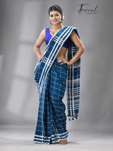 Firoza with white border check bhujoudi cotton handloom saree - Tamal Boutique