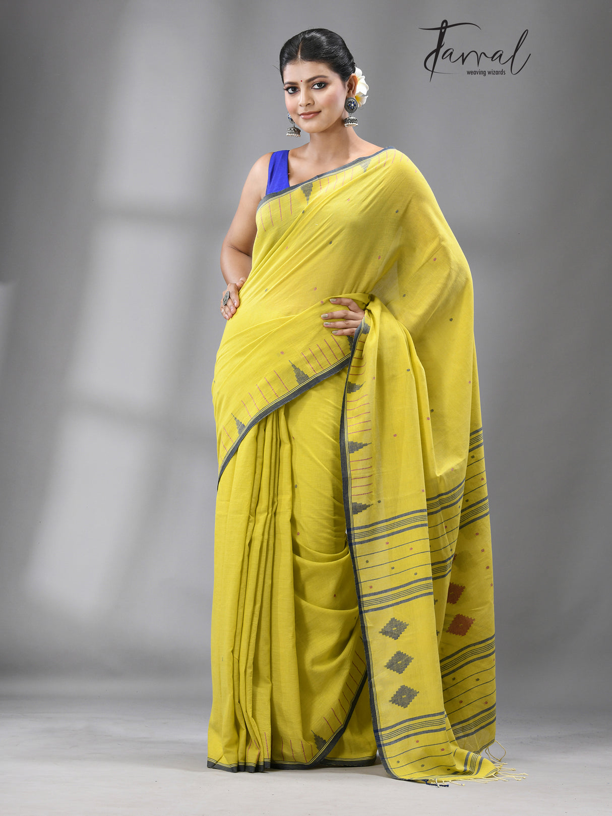 Yellow with Blue temple border & Pink diamond cotton saree handwoven jamdani saree