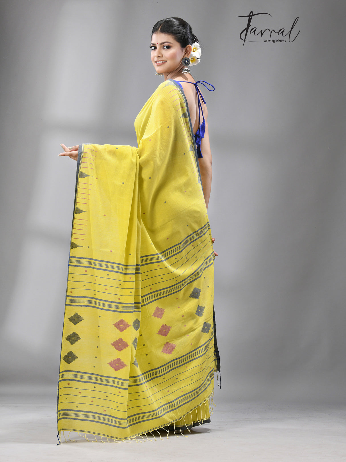 Yellow with Blue temple border & Pink diamond cotton saree handwoven jamdani saree