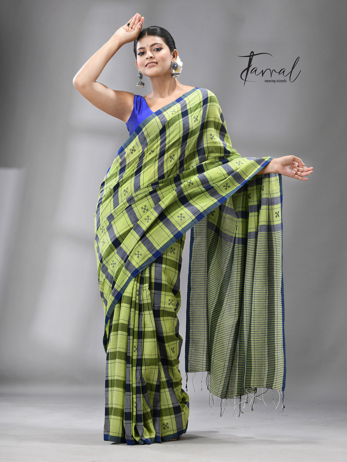 Green with Blue check cotton handwoven jamdani saree