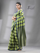 Green with Blue check cotton handwoven jamdani saree