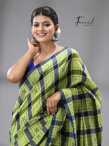 Green with Blue check cotton handwoven jamdani saree