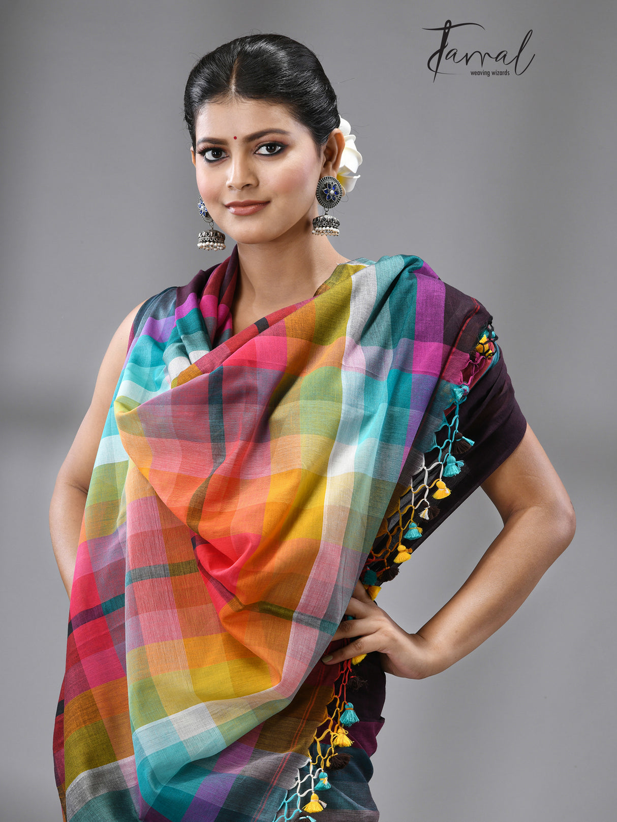 Brown with rainbow combination mul cotton handloom saree