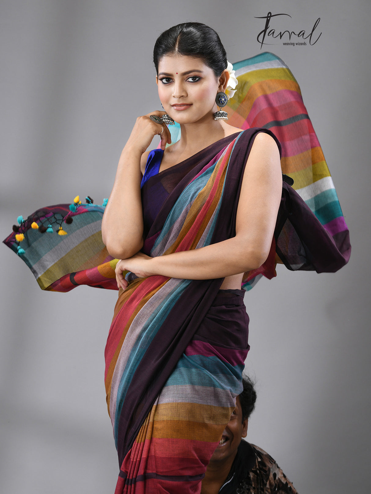 Brown with rainbow combination mul cotton handloom saree