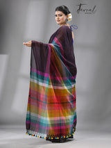 Brown with rainbow combination mul cotton handloom saree