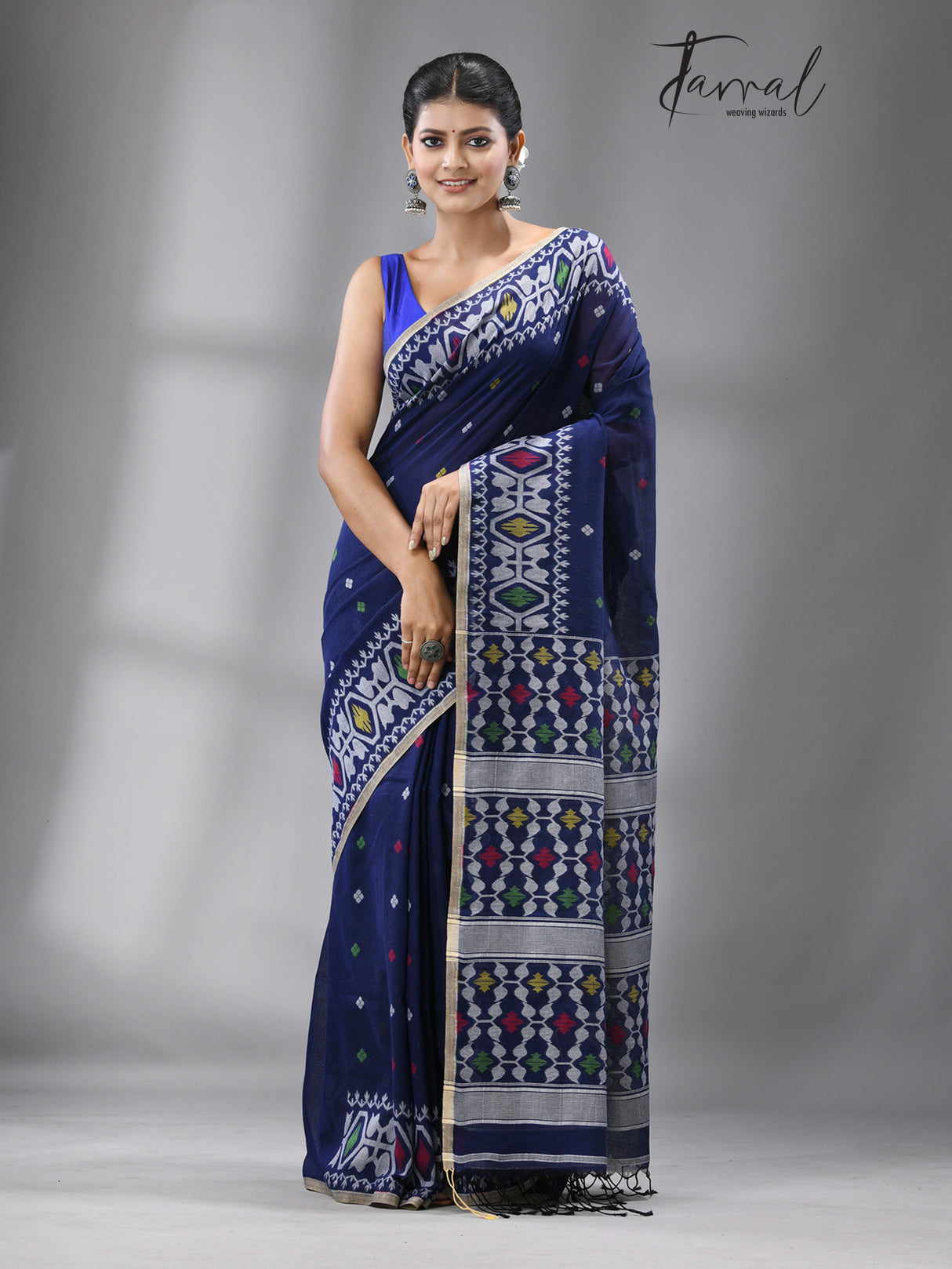 Indigo with multicolour fulia cotton handloom jamdani saree