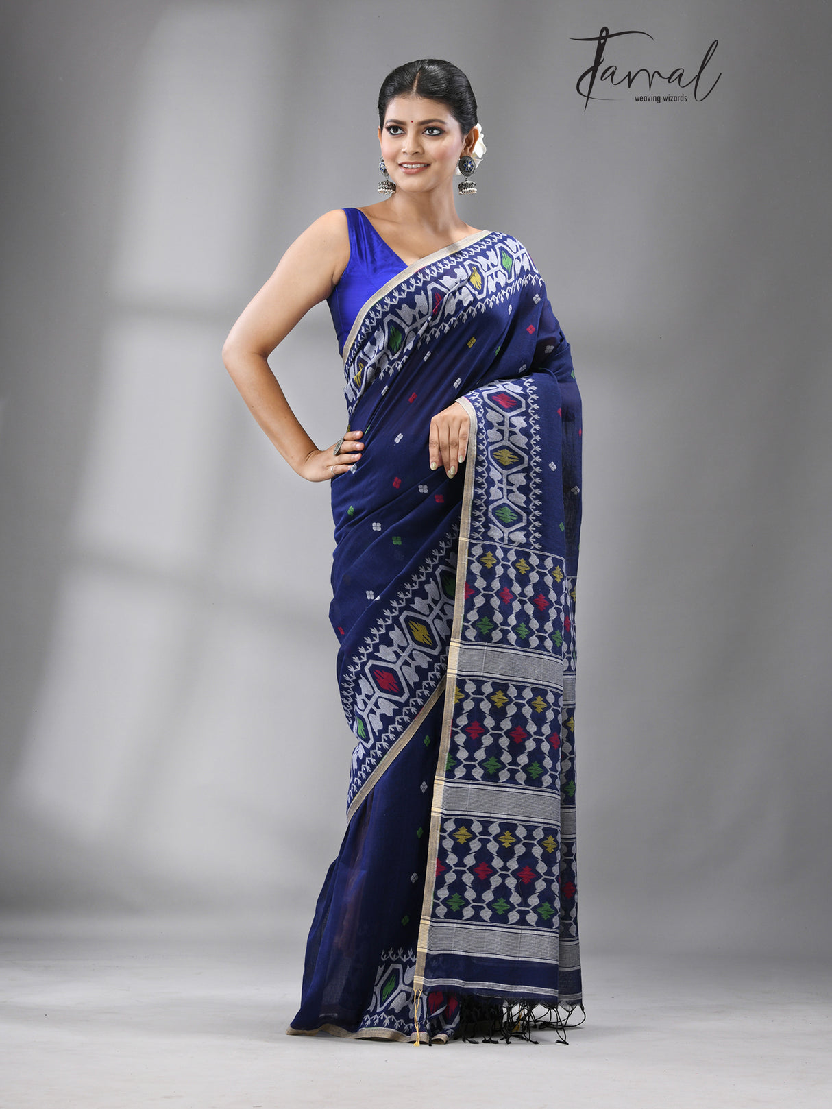 Indigo with multicolour fulia cotton handloom jamdani saree - Tamal Boutique