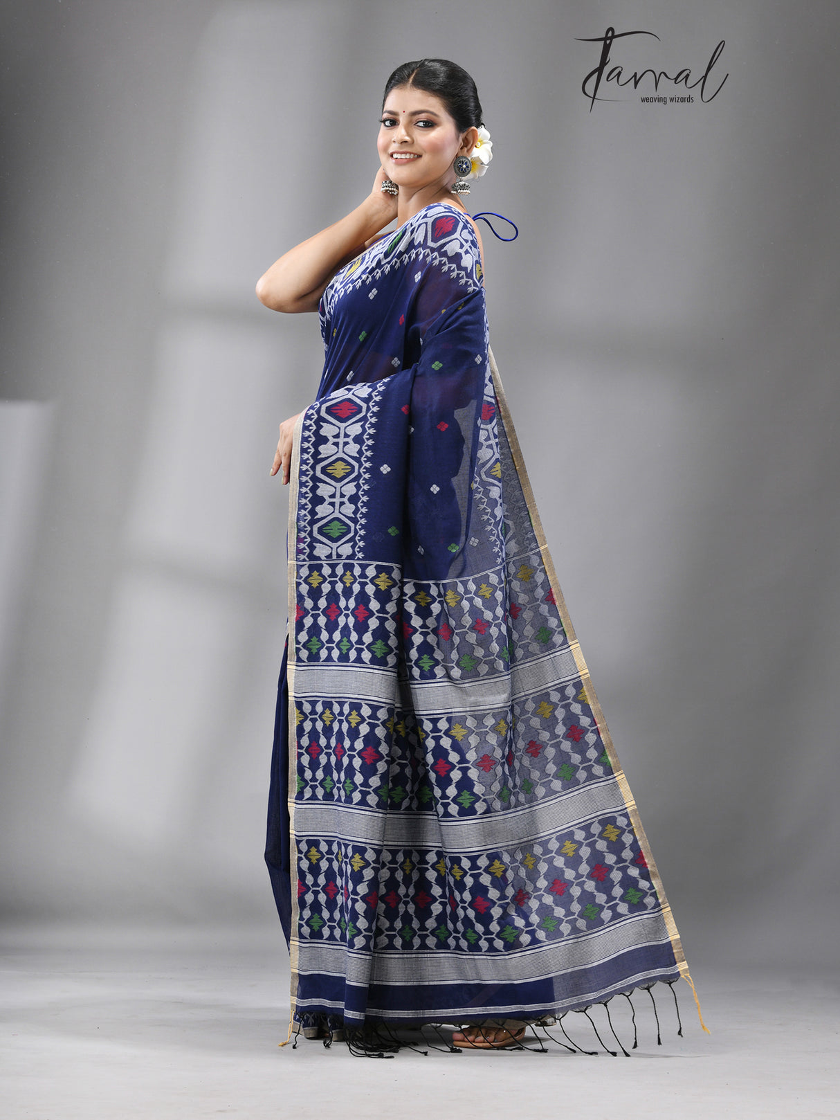 Indigo with multicolour fulia cotton handloom jamdani saree - Tamal Boutique