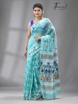 Turquoise blue with multi colour soft handloom dhakai jamdani saree with blouse piece