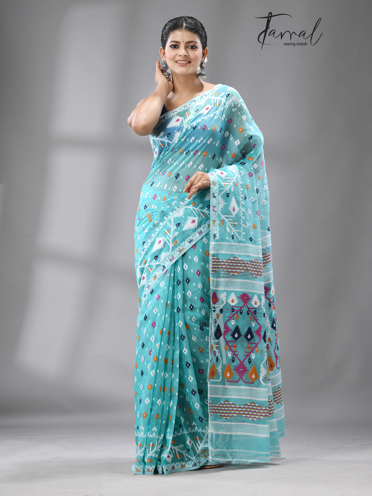 Turquoise blue with multi colour soft handloom dhakai jamdani saree with blouse piece