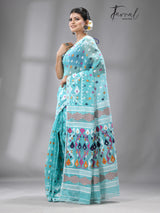 Turquoise blue with multi colour soft handloom dhakai jamdani saree with blouse piece