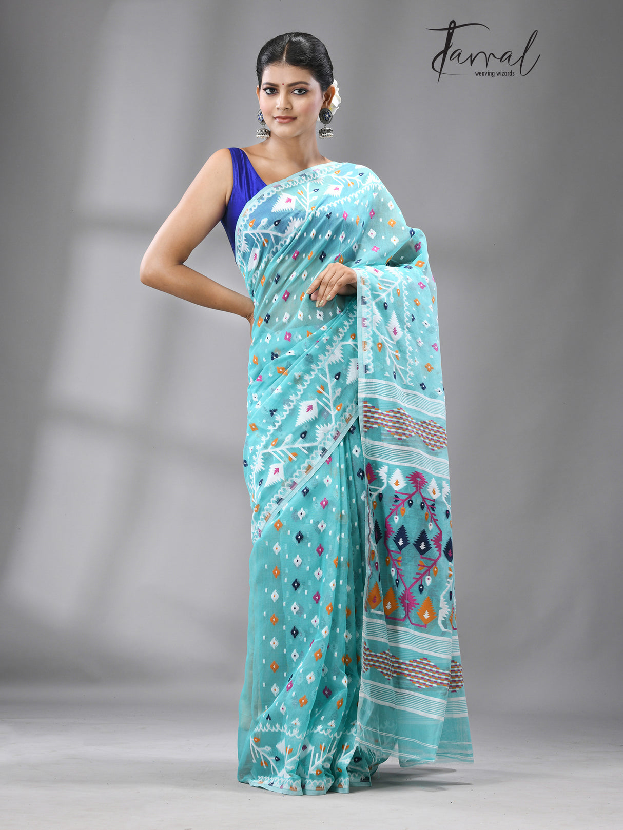 Turquoise blue with multi colour soft handloom dhakai jamdani saree with blouse piece