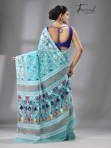 Turquoise blue with multi colour soft handloom dhakai jamdani saree with blouse piece