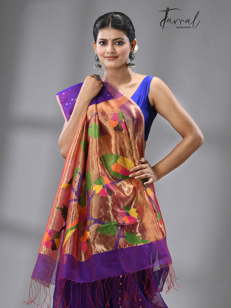 Dual tone blue Parrot Organza silk paithani sequins saree - Tamal Boutique