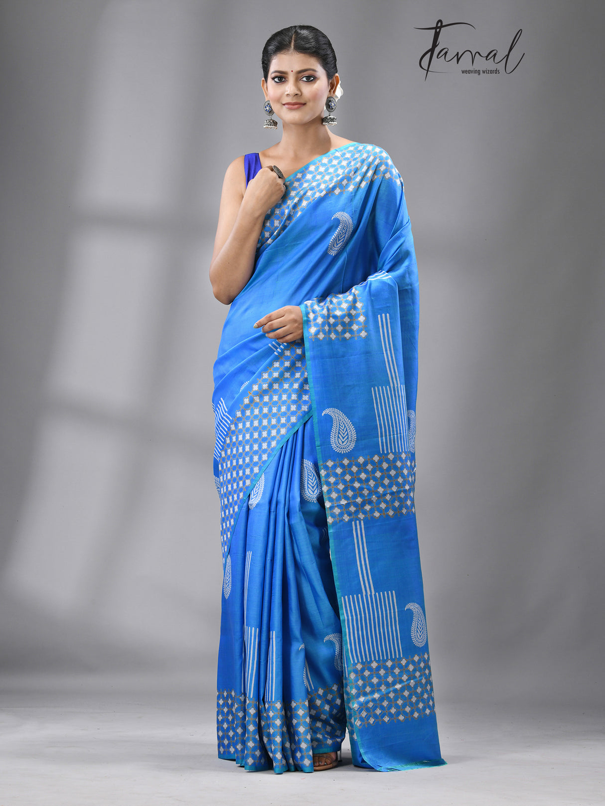 Blue Euphoria katan silk hand block printed saree