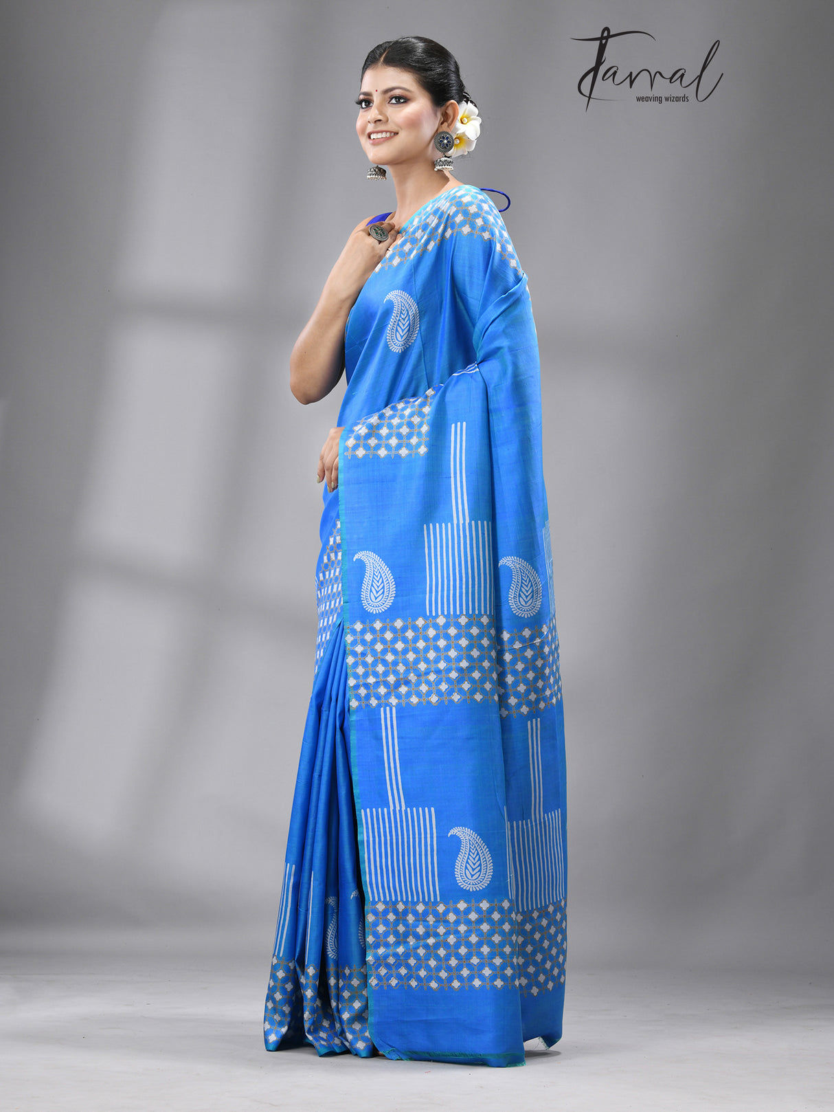 Blue Euphoria katan silk hand block printed saree