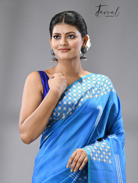 Blue Euphoria katan silk hand block printed saree