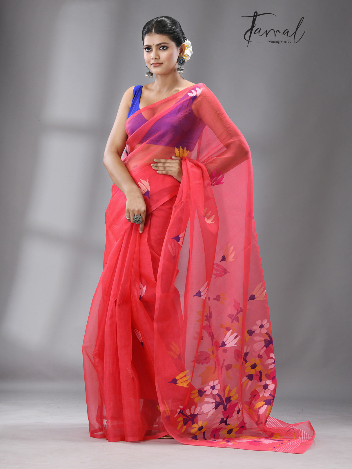 Hot Pink With Multi Colour Pallu Floral With Butas Allover Handwoven Jamadani Saree In Muslin Silk