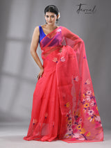 Hot Pink With Multi Colour Pallu Floral With Butas Allover Handwoven Jamadani Saree In Muslin Silk