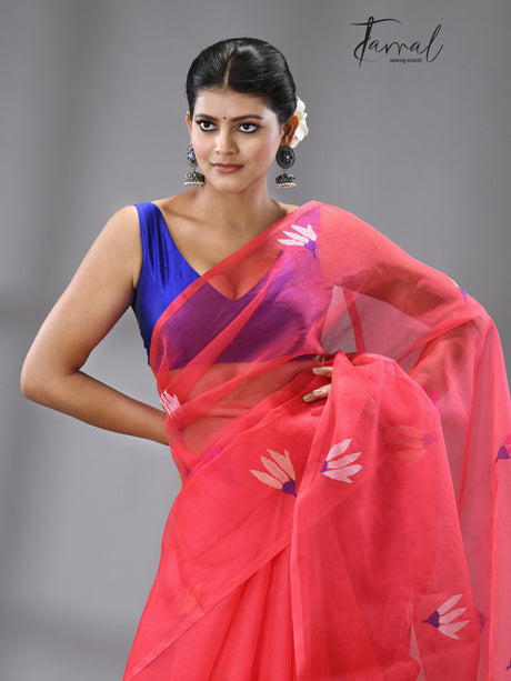 Hot Pink With Multi Colour Pallu Floral With Butas Allover Handwoven Jamadani Saree In Muslin Silk