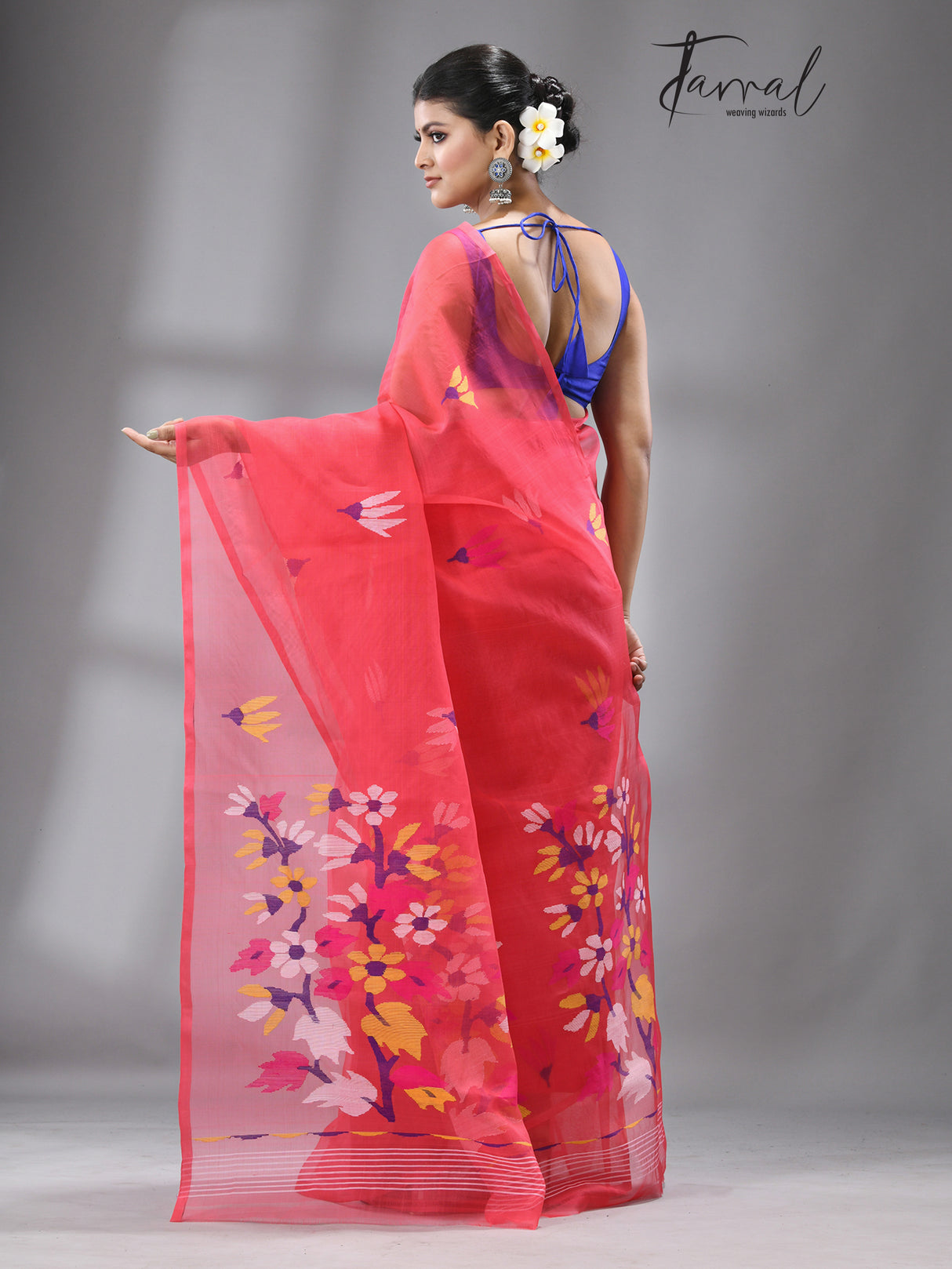 Hot Pink With Multi Colour Pallu Floral With Butas Allover Handwoven Jamadani Saree In Muslin Silk