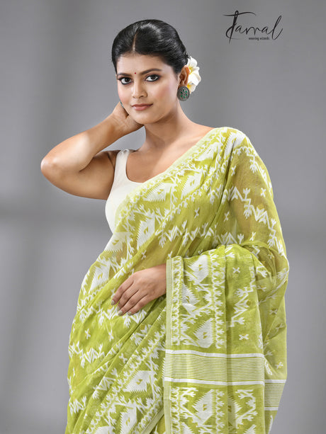 Moss green with white handloom soft dhakai jamdani saree