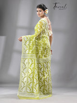 Moss green with white handloom soft dhakai jamdani saree - Tamal Boutique