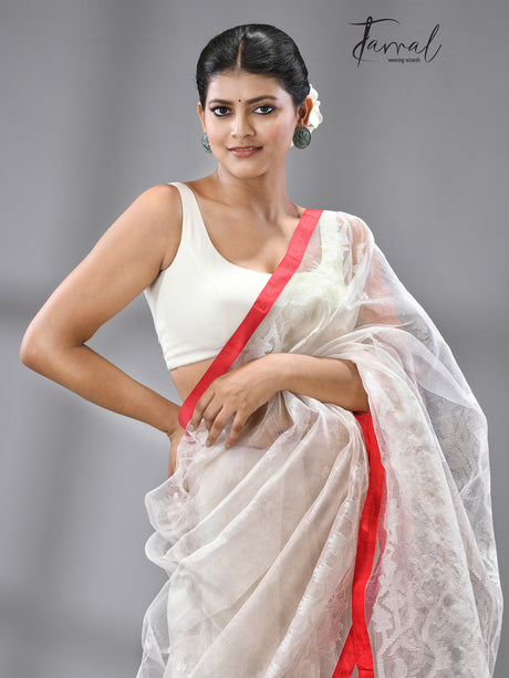 White Self With Red Border Handwoven Dhakai Jamdani In Muslin Silk