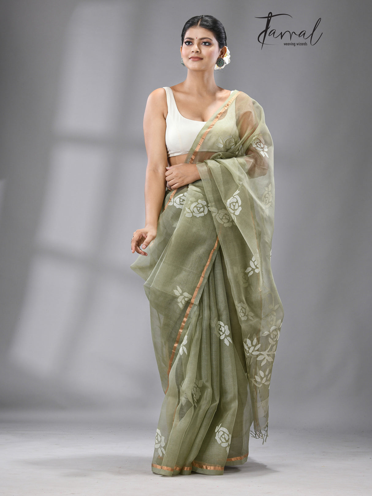 Olive green with white rose motifs handwoven jamdani in muslin silk saree