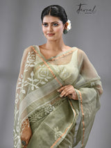 Olive green with white rose motifs handwoven jamdani in muslin silk saree