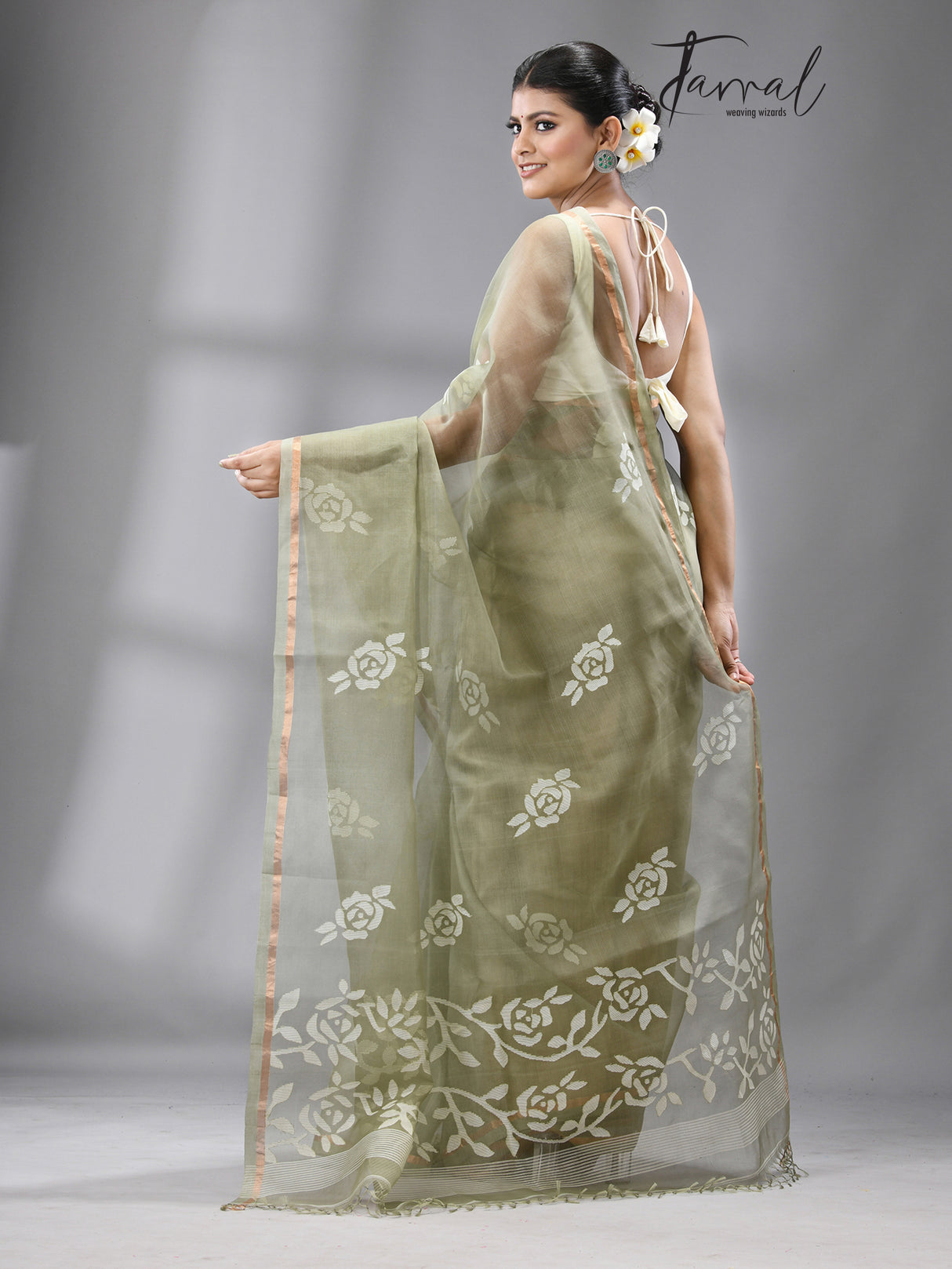 Olive green with white rose motifs handwoven jamdani in muslin silk saree