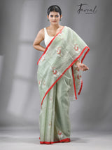 Olive green with red border floral buta handwoven jamdani in muslin silk