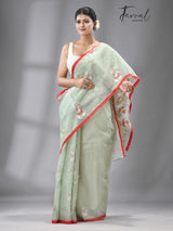 Olive green with red border floral buta handwoven jamdani in muslin silk