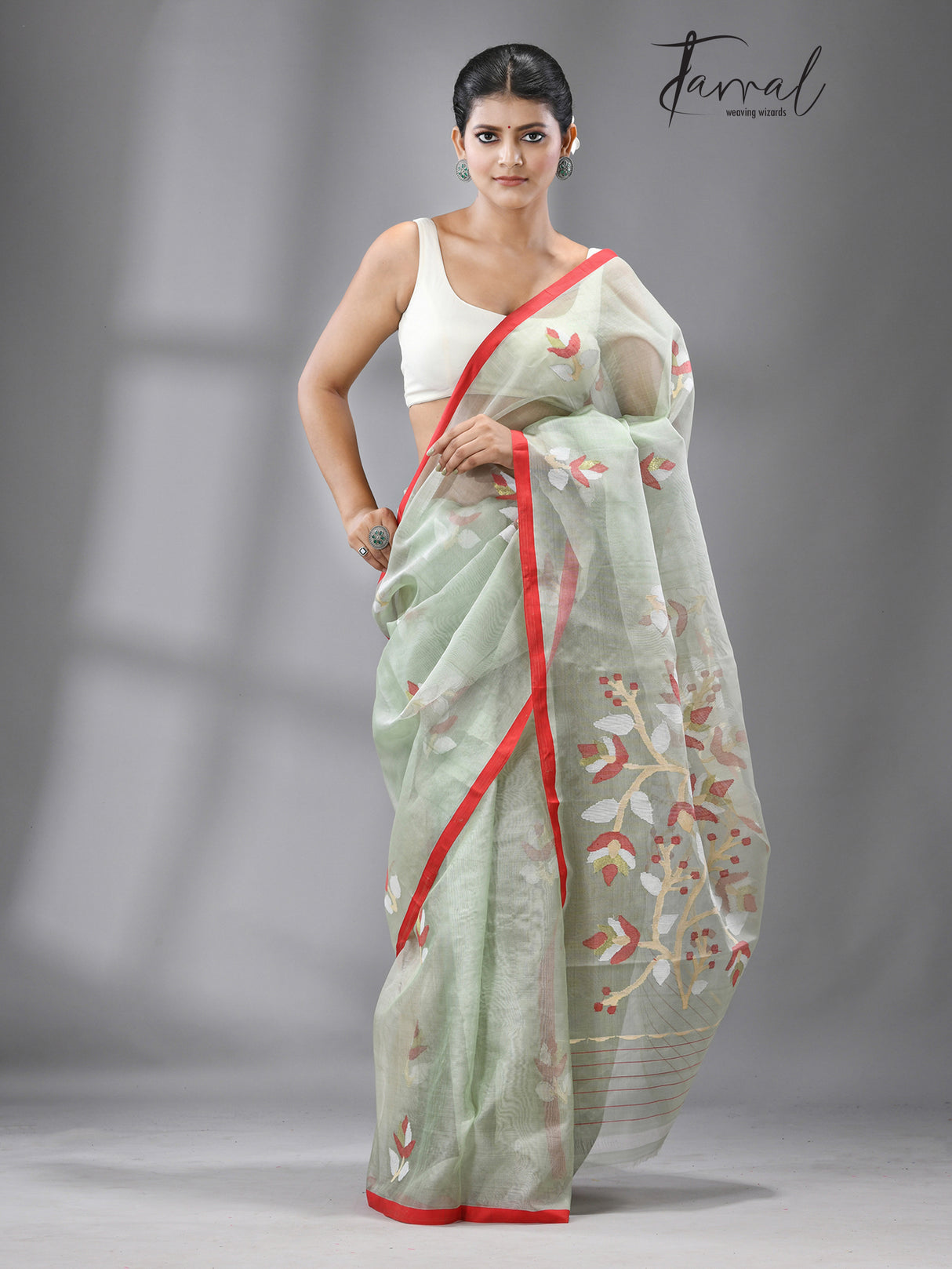 Olive green with red border floral buta handwoven jamdani in muslin silk