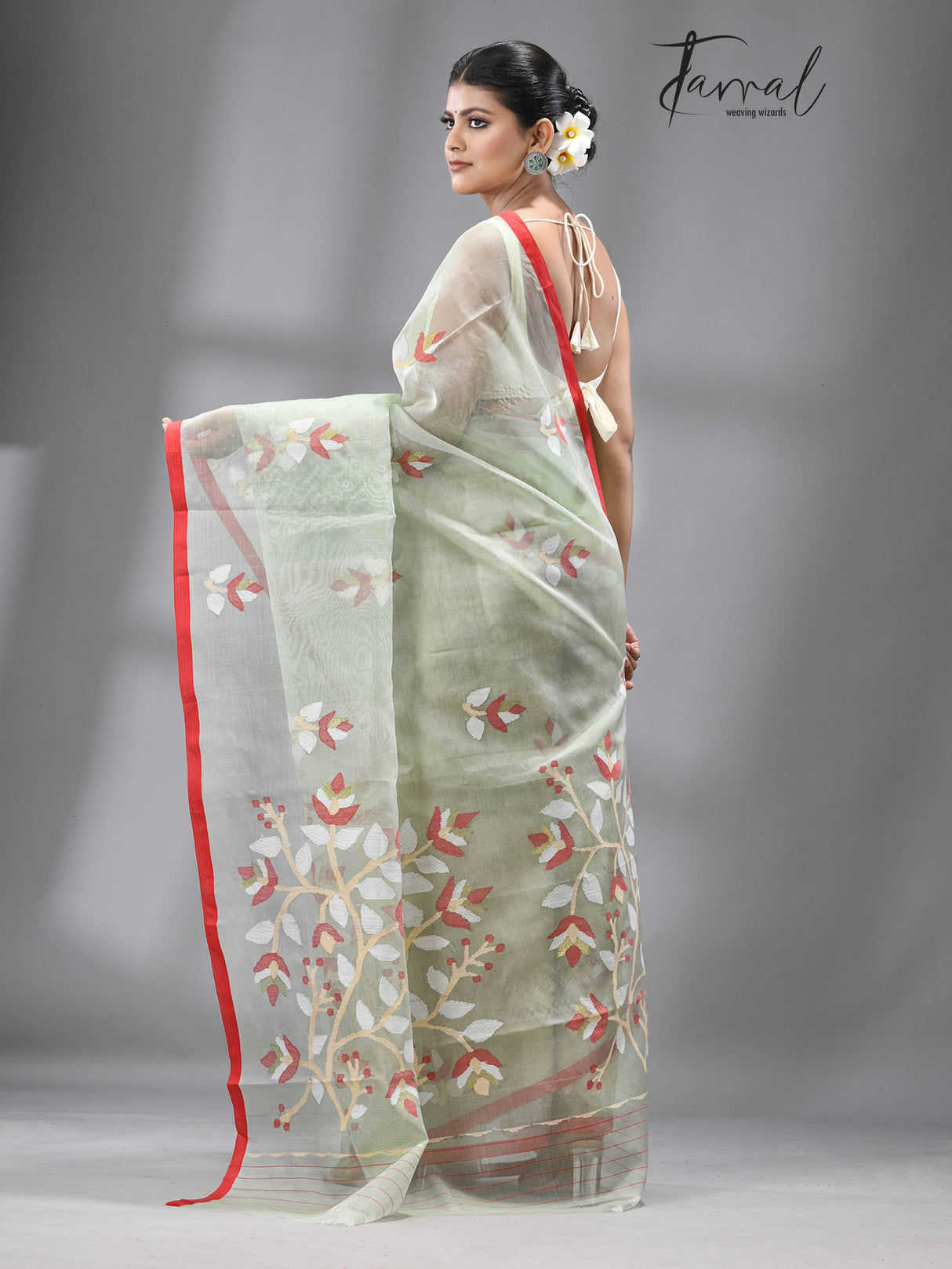 Olive green with red border floral buta handwoven jamdani in muslin silk