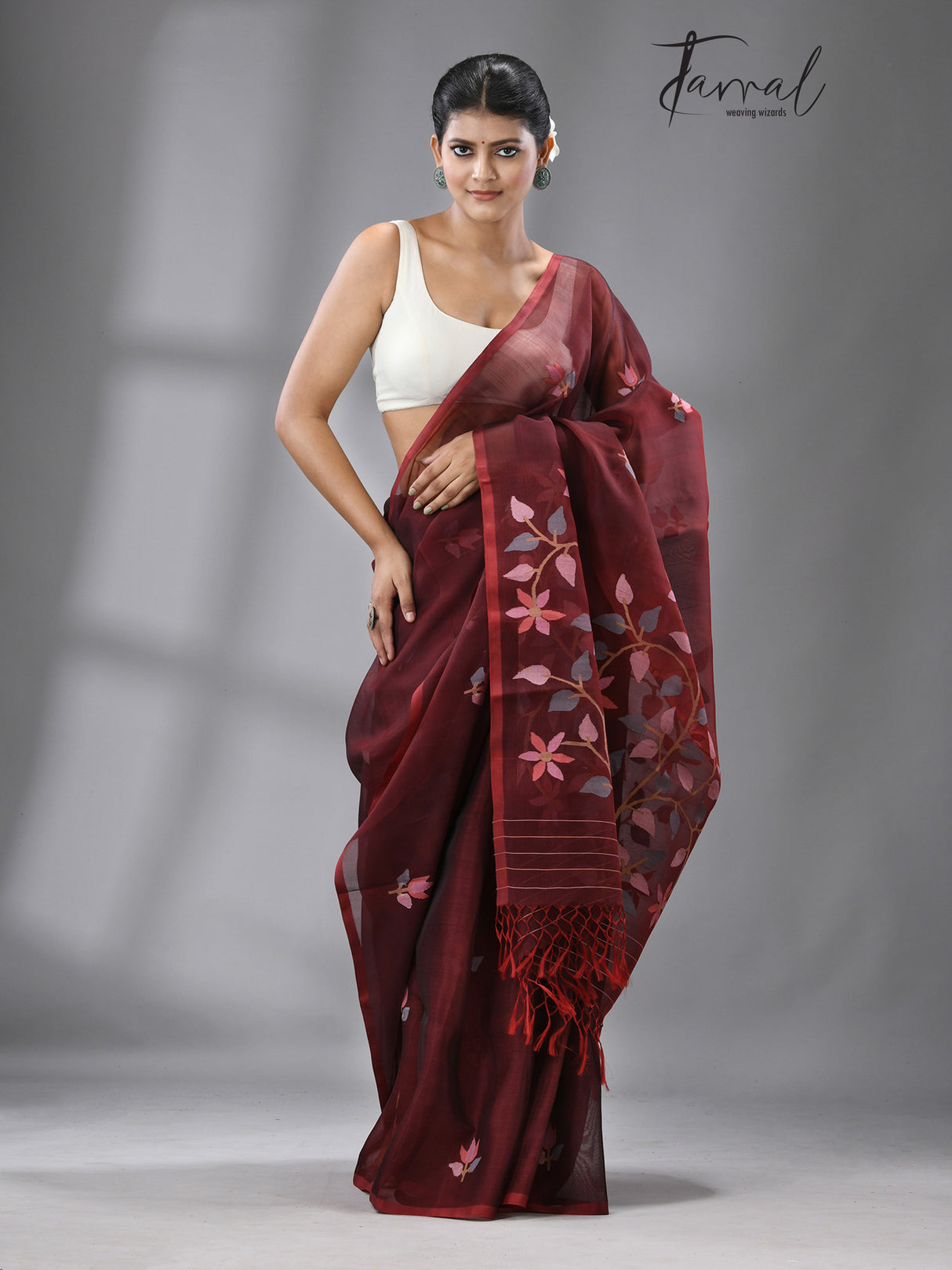 Wine with multi colour floral buta muslin silk handwoven jamdani saree