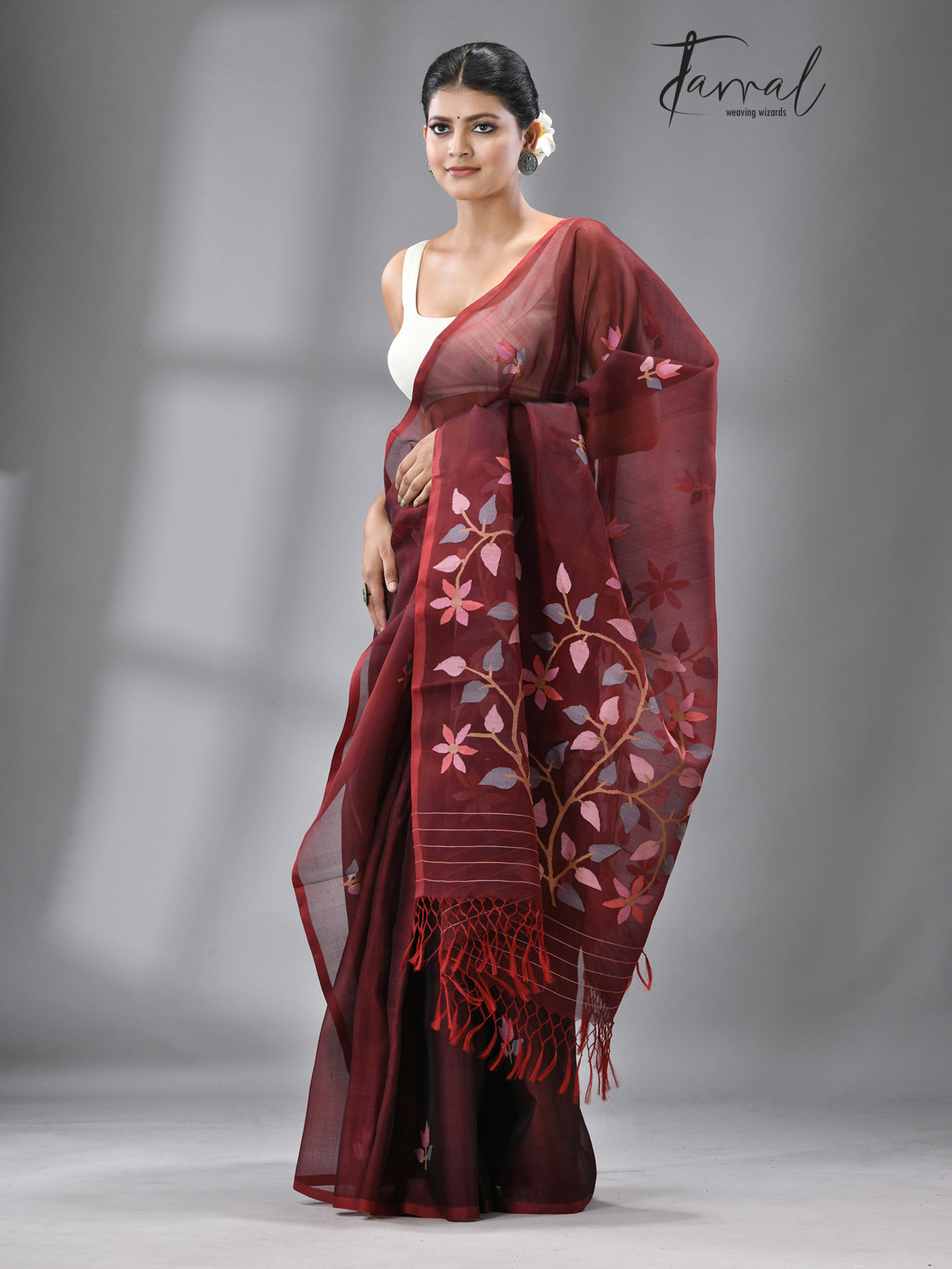 Wine with multi colour floral buta muslin silk handwoven jamdani saree