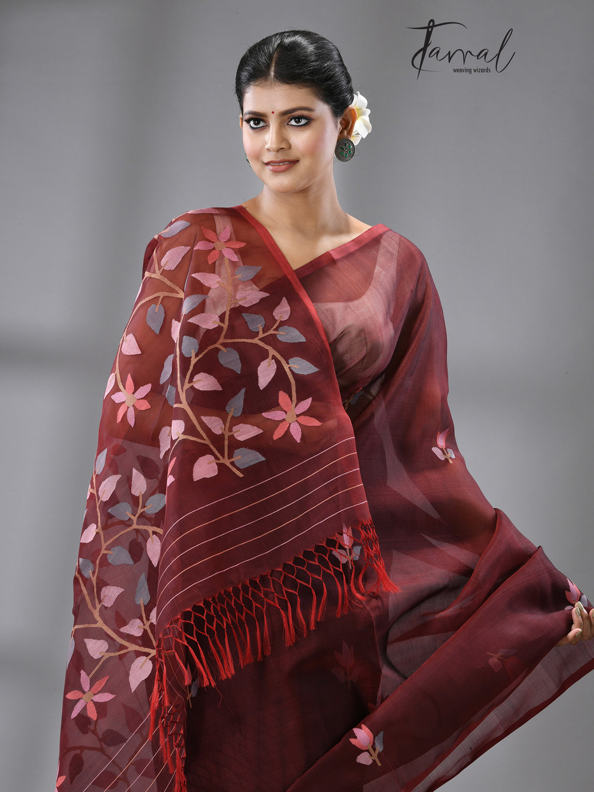 Wine with multi colour floral buta muslin silk handwoven jamdani saree