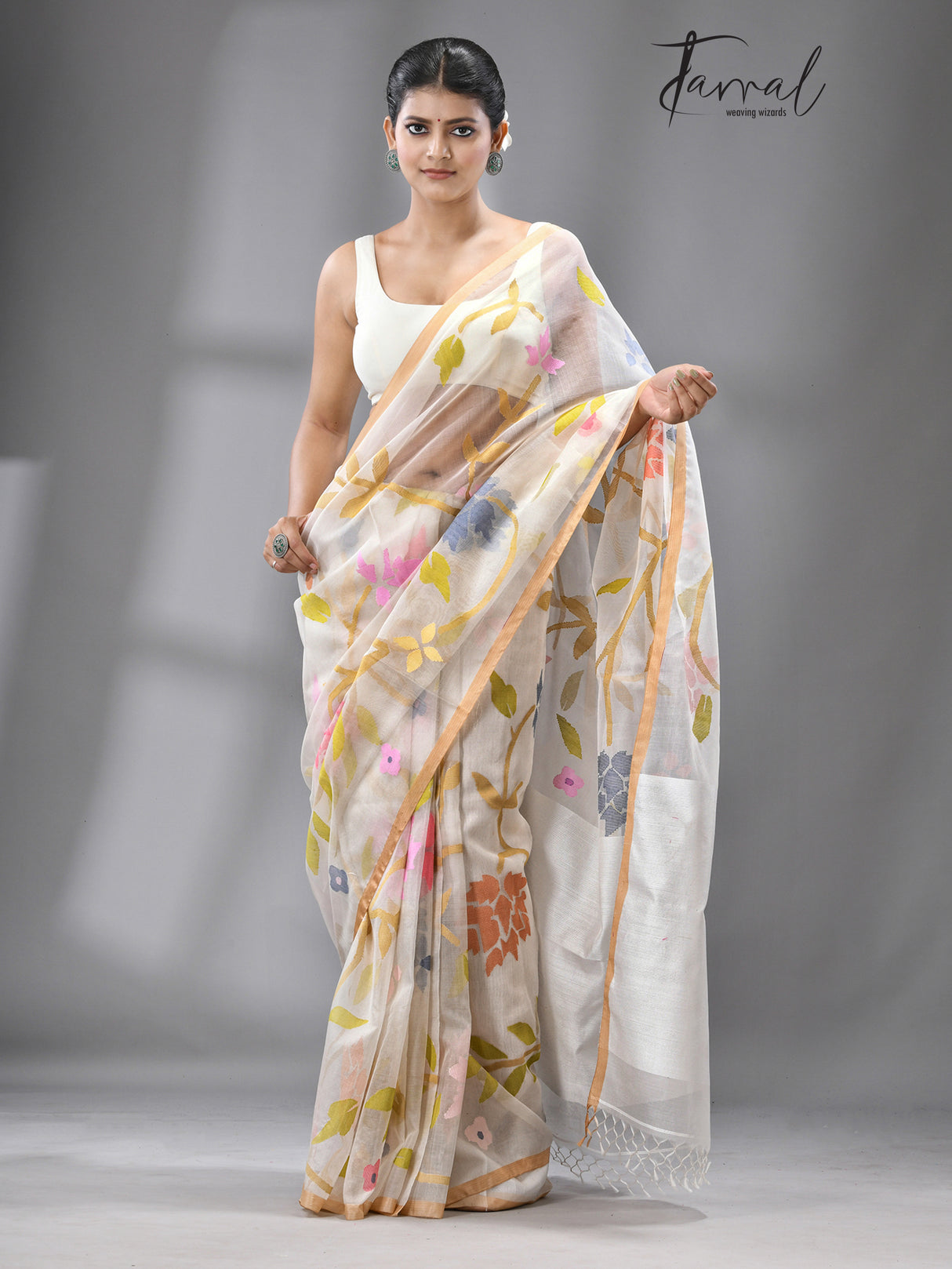 White with multicolour all over rose motifs muslin silk handwoven jamdani saree - Tamal Boutique