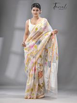 White with multicolour all over rose motifs muslin silk handwoven jamdani saree