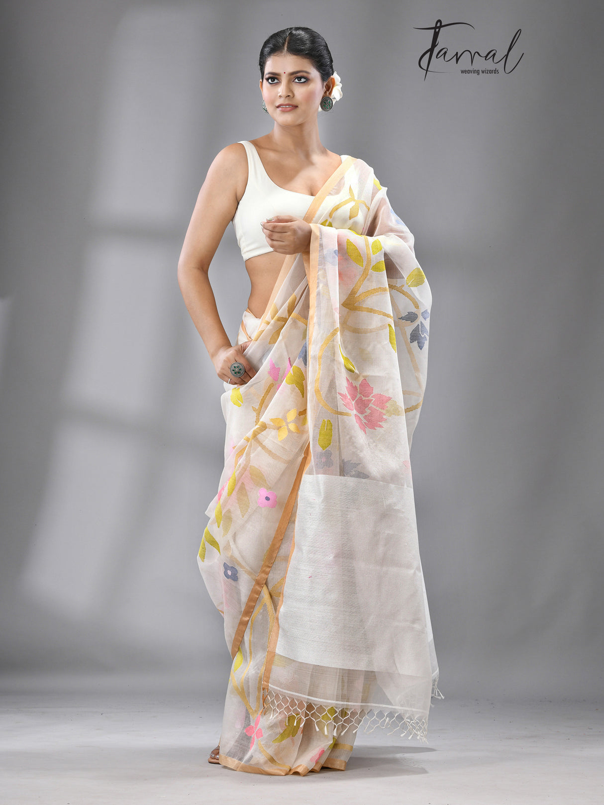 White with multicolour all over rose motifs muslin silk handwoven jamdani saree - Tamal Boutique