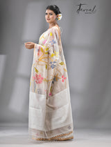 White with multicolour all over rose motifs muslin silk handwoven jamdani saree - Tamal Boutique