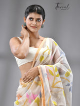 White with multicolour all over rose motifs muslin silk handwoven jamdani saree