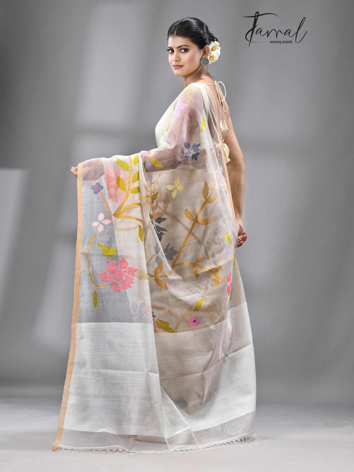 White with multicolour all over rose motifs muslin silk handwoven jamdani saree - Tamal Boutique