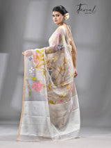 White with multicolour all over rose motifs muslin silk handwoven jamdani saree