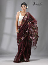 Chocolate Brown With Multi Colour Muslin silk Handwoven Jamdani Saree