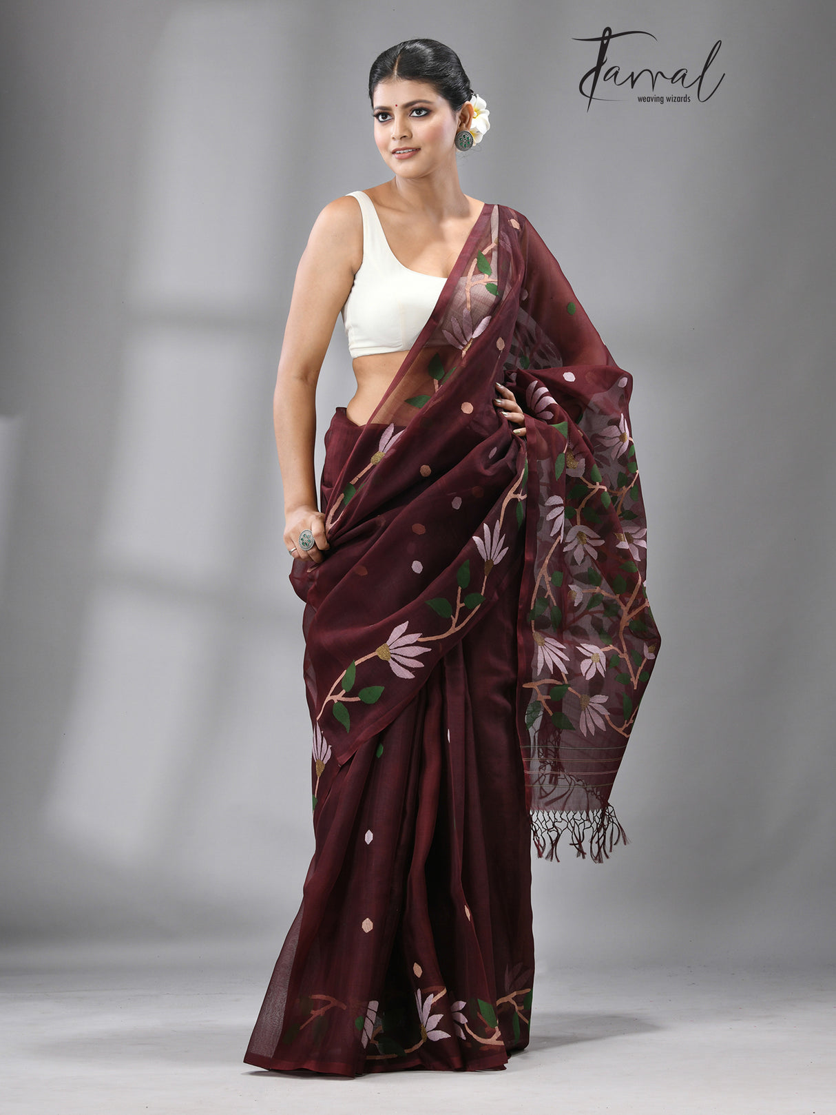 Chocolate Brown With Multi Colour Muslin silk Handwoven Jamdani Saree