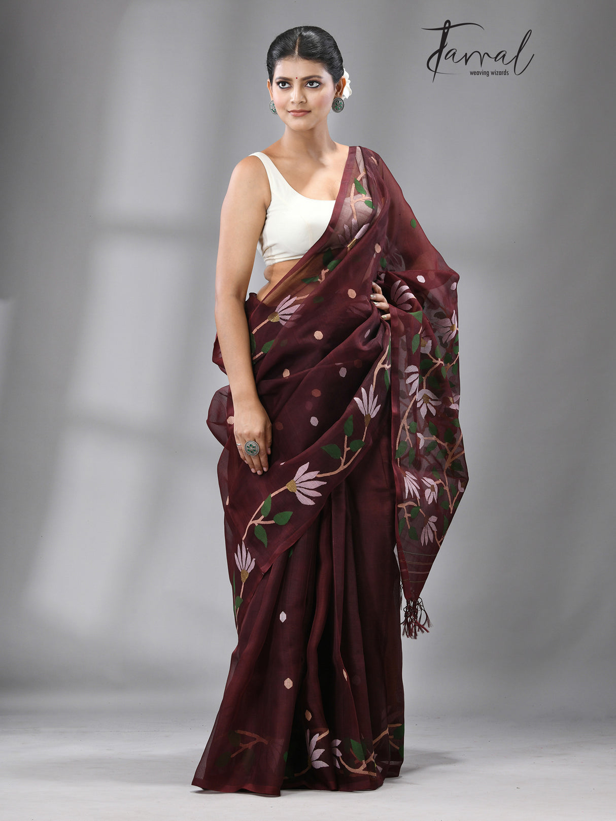 Chocolate Brown With Multi Colour Muslin silk Handwoven Jamdani Saree