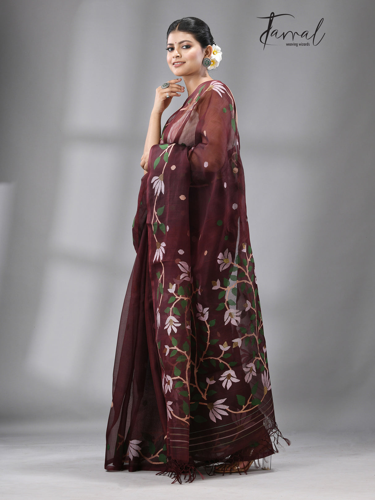 Chocolate Brown With Multi Colour Muslin silk Handwoven Jamdani Saree